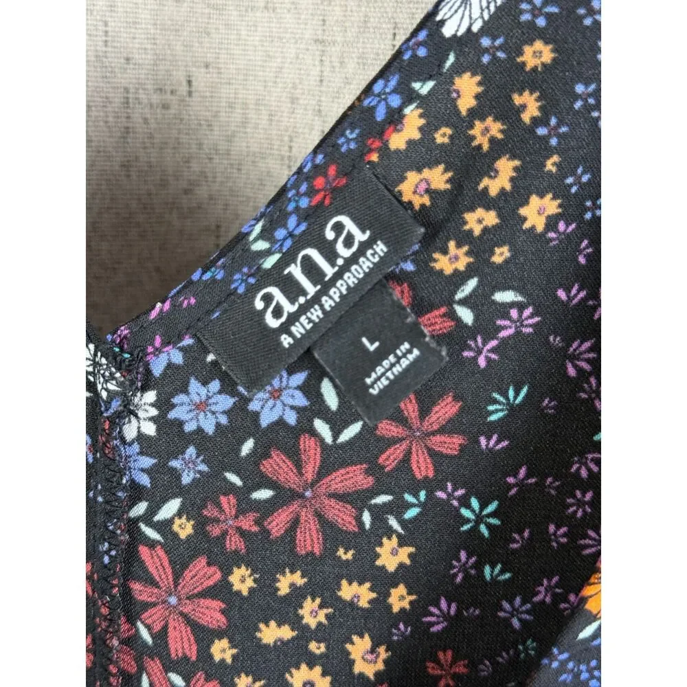 A.N.A‎ Black Multi Micro Floral V-Neck Tank Top Crochet Trim